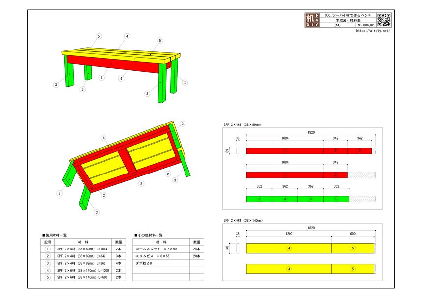 ツーバイ材で作るベンチの使用材料